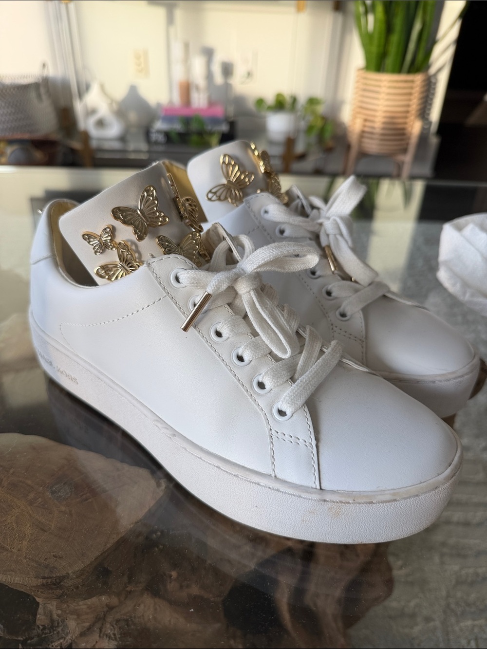 Michael Kors White Leather Sneakers with Gold Butterfly Accents